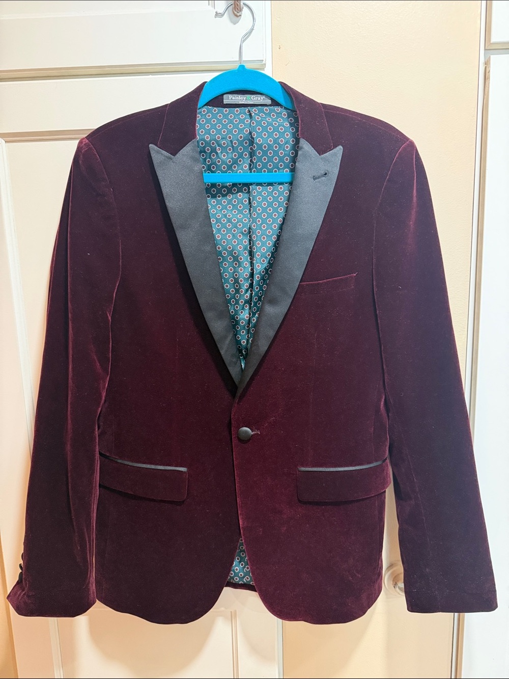 Paisley & Gray Velvet Blazer in Deep Burgundy with Black Satin Lapel